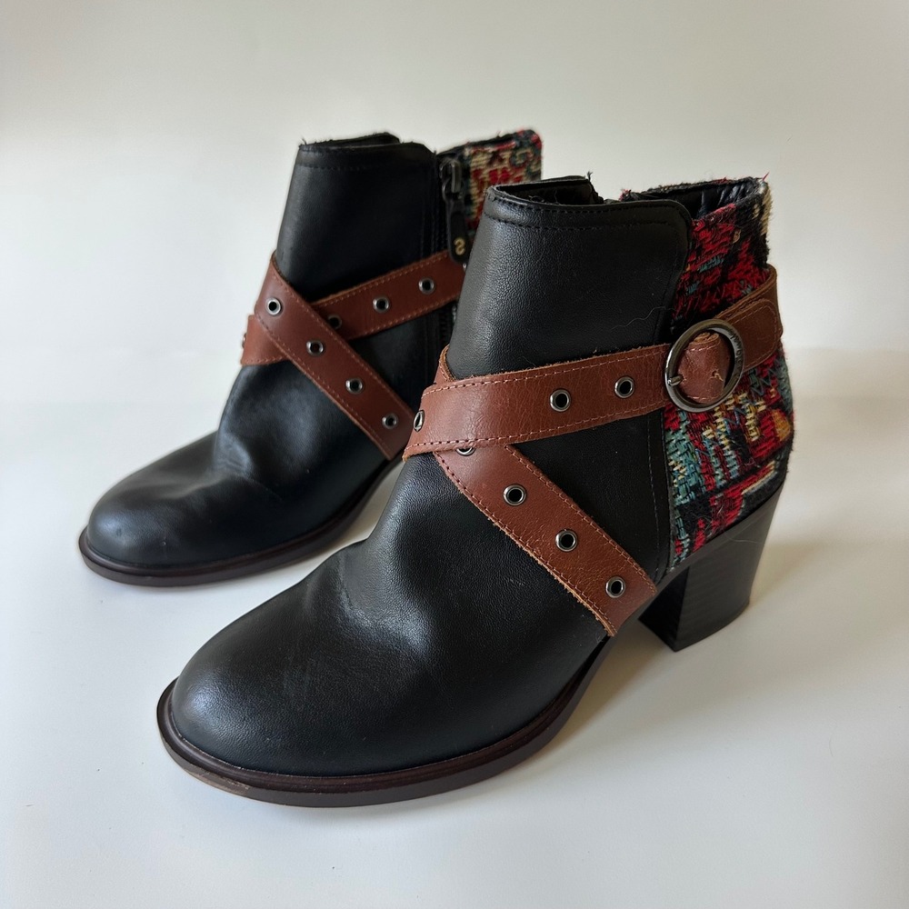 Desigual Ankle Boots Black Brown Tapestry Buckle Strap Block Heel size 36 US 6